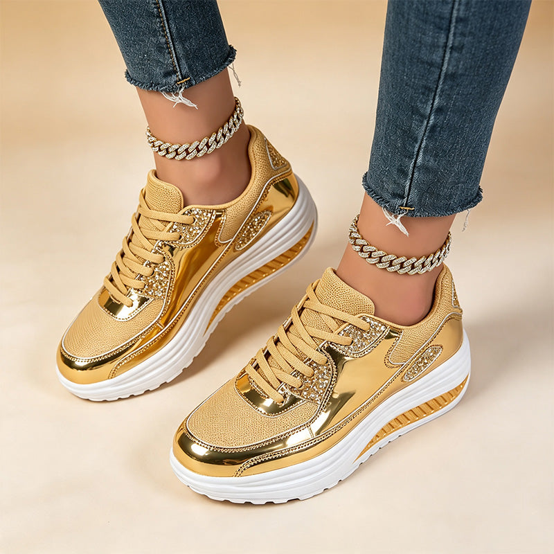 Women's gold sequined wedge platform sneakers