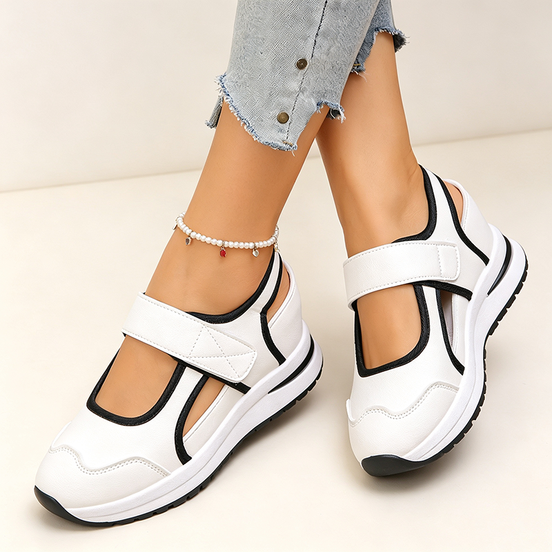 Women's cut-out wedge-platform sneakers with adjustable strap closure