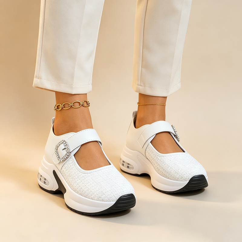 Women's Woven Casual Mary Janes with Rhinestone Buckle Strap