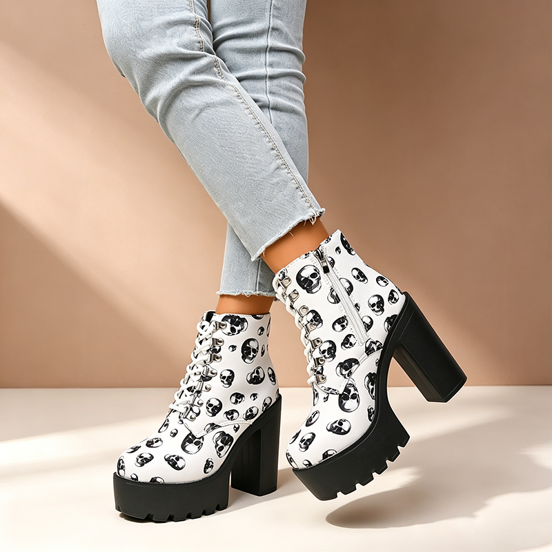 Women's Skull and Rose Print Platform Ankle Boots