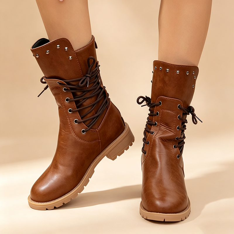 Women's Vintage Studded Lace-Up Mid-Calf Boots