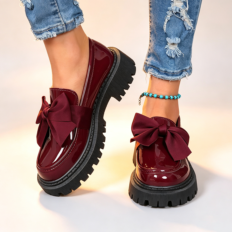 Women's Glossy Patent Leather Bow Platform Loafers