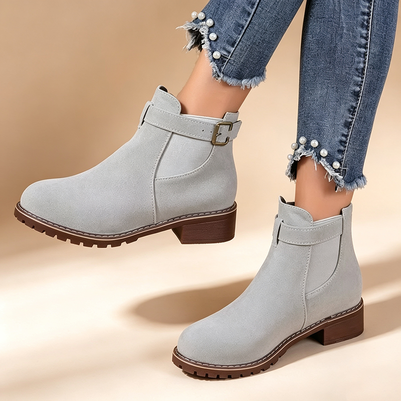 Women's Suede Block-Heel Ankle Boots with Buckle Straps
