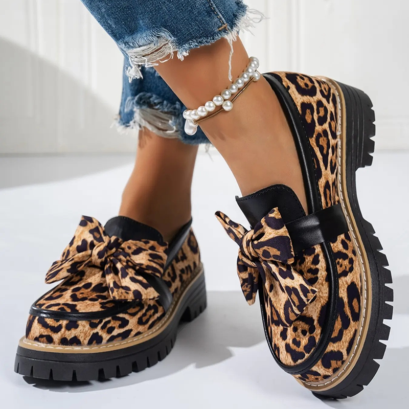 Bow Detail Patent Platform Loafers for Women