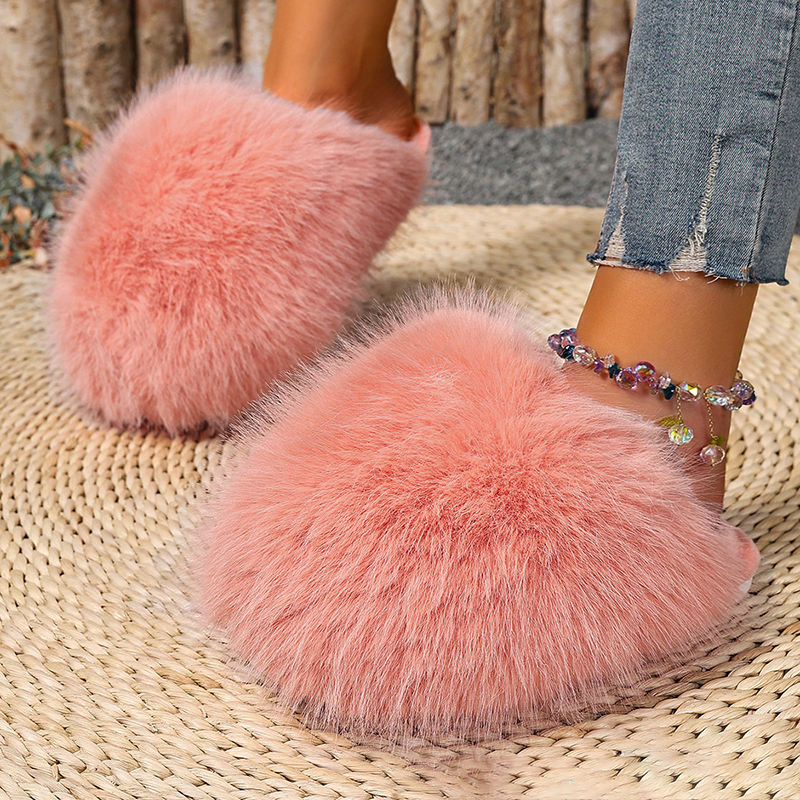 Plush flat indoor slippers