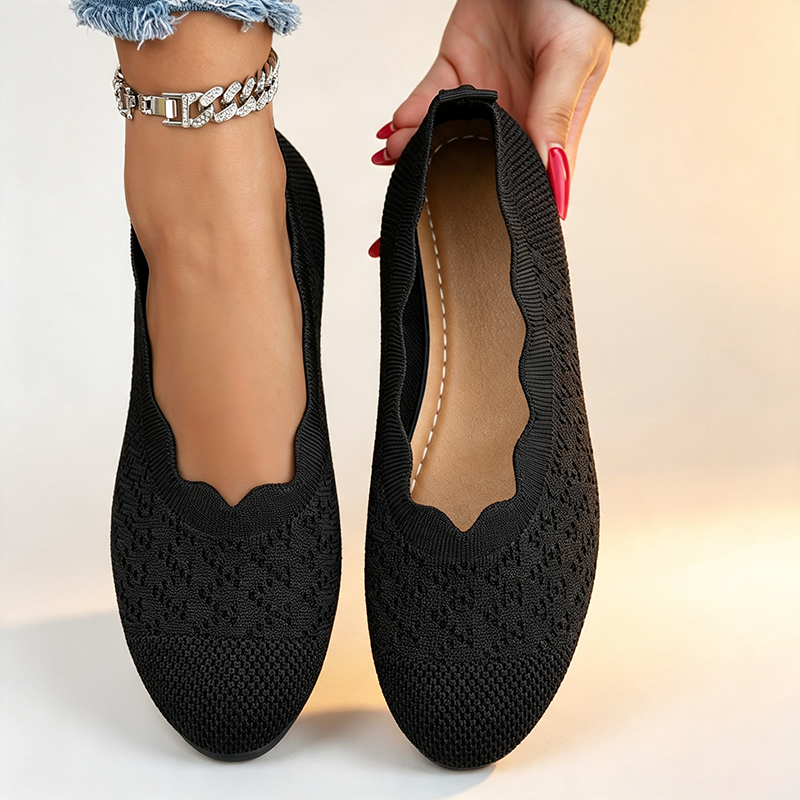 Women's Ruffled Knit Flats – Breathable Mesh Slip-Ons