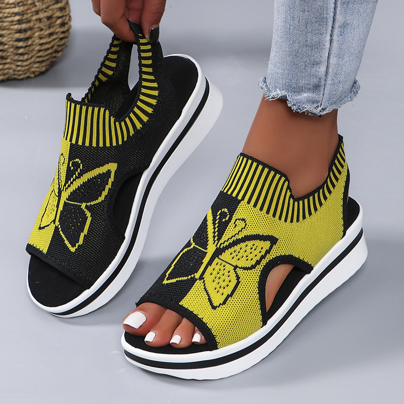 Women's Butterfly Print Knit Slip On Platform Wedge Sandals Open Toe Cutout Casual Shoes