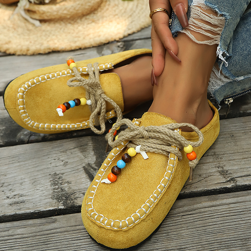 Women's Bohemian Beaded Lace-Up Flat Mules