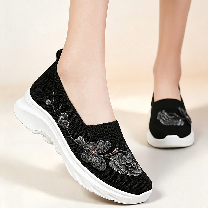 Breathable knitted floral-embroidered slip-on platform shoes for women
