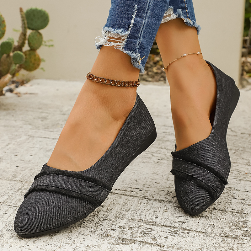 Women's Round Toe Frayed Fringe Denim Flats