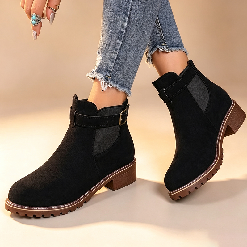 Women's Suede Block-Heel Ankle Boots with Buckle Straps