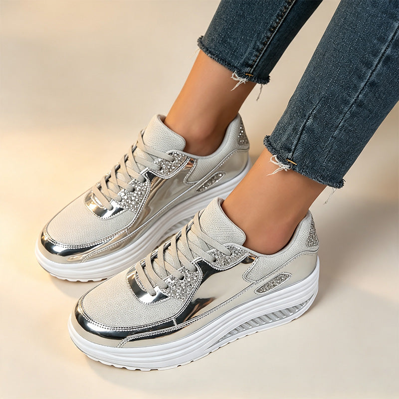 Women's gold sequined wedge platform sneakers