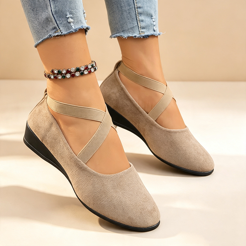 Women's Low-Wedge Walking Shoes with Elastic Crisscross Straps