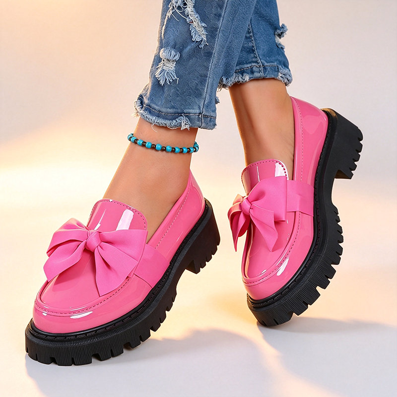 Women's Glossy Patent Leather Bow Platform Loafers