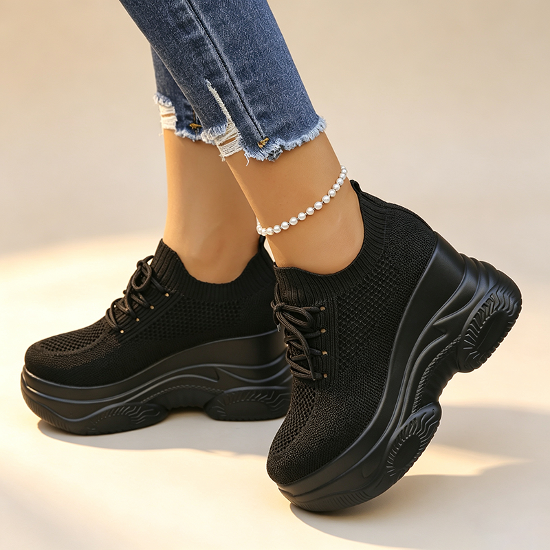 Women's knitted breathable casual thick-soled wedge sneakers