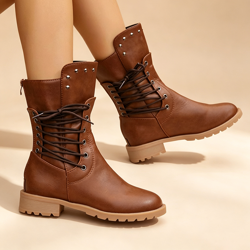 Women's Vintage Studded Lace-Up Mid-Calf Boots