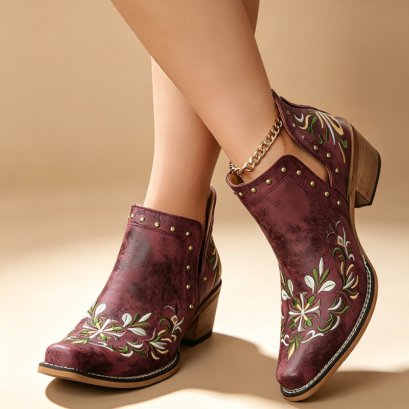Women's Studded Vintage Floral Embroidered Ankle Boots