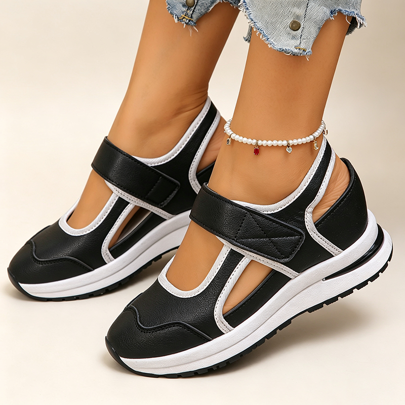 Women's cut-out wedge-platform sneakers with adjustable strap closure