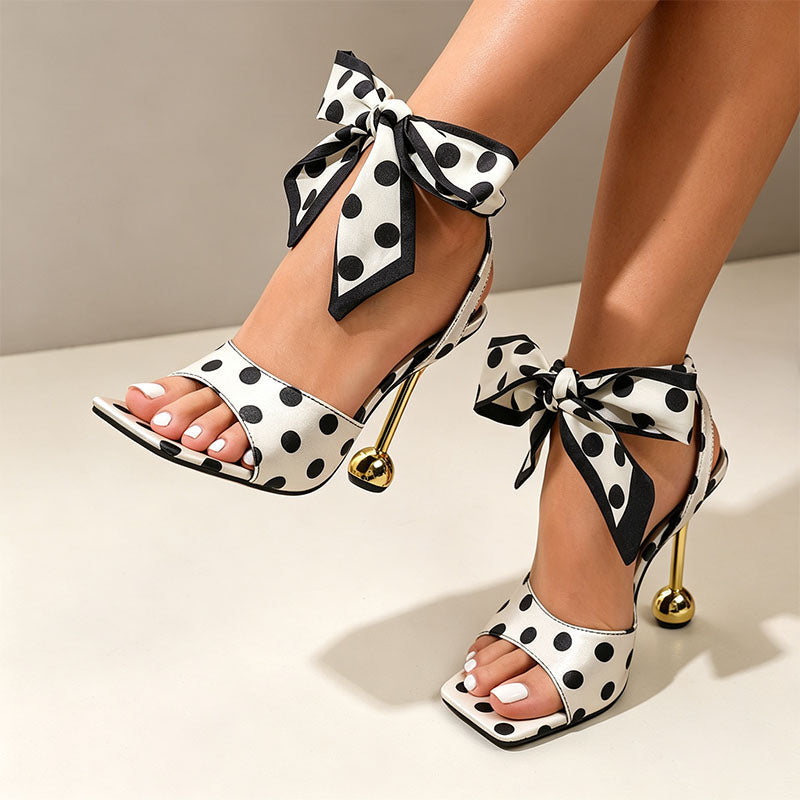 Women's black and white polka-dot high-heeled sandals