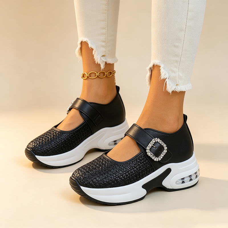 Women's Woven Casual Mary Janes with Rhinestone Buckle Strap