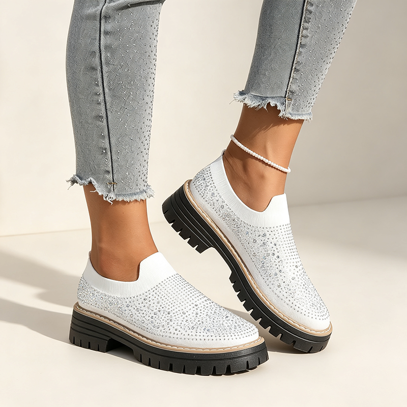 Women's Sparkling Rhinestone Knit Slip-On Loafers with Mesh and Block Heels