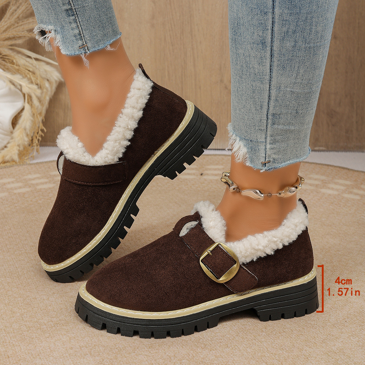 Women Fleece Lined Buckle Platform Loafers