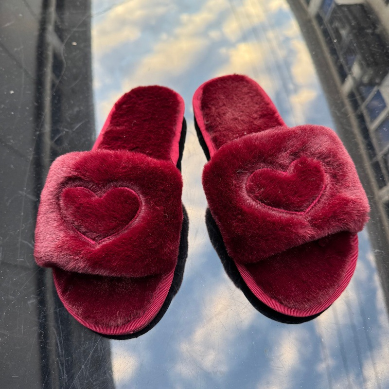 Women's Heart-Embroidered Open-Toe Plush Slippers