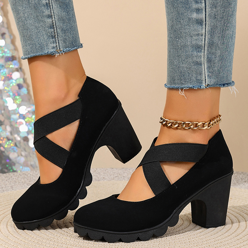 Women's Block-Heel Shoes with Crisscross Elastic Straps