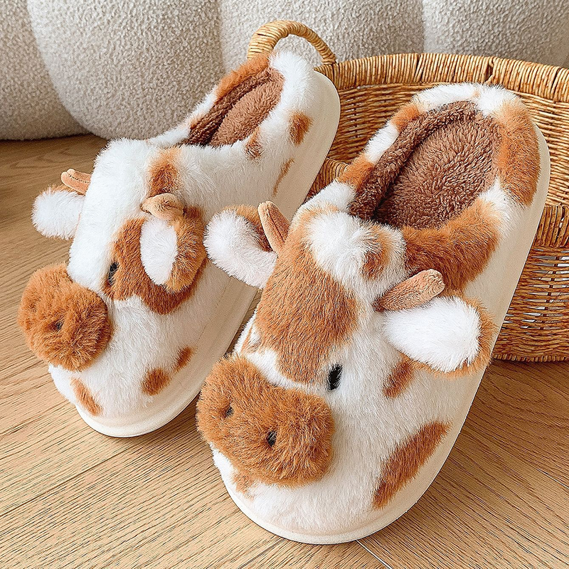 Women's Cute Cow-Themed Plush Slippers