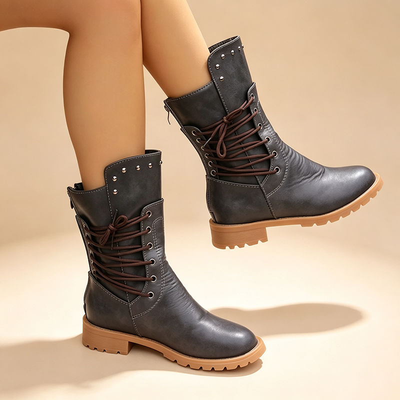 Women's Vintage Studded Lace-Up Mid-Calf Boots