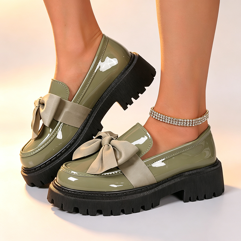 Women's Glossy Patent Leather Bow Platform Loafers