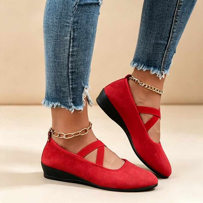 Women's Low-Wedge Walking Shoes with Elastic Crisscross Straps