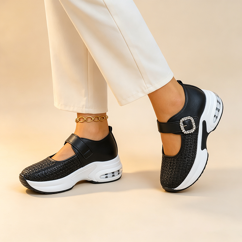 Women's Woven Casual Mary Janes with Rhinestone Buckle Strap