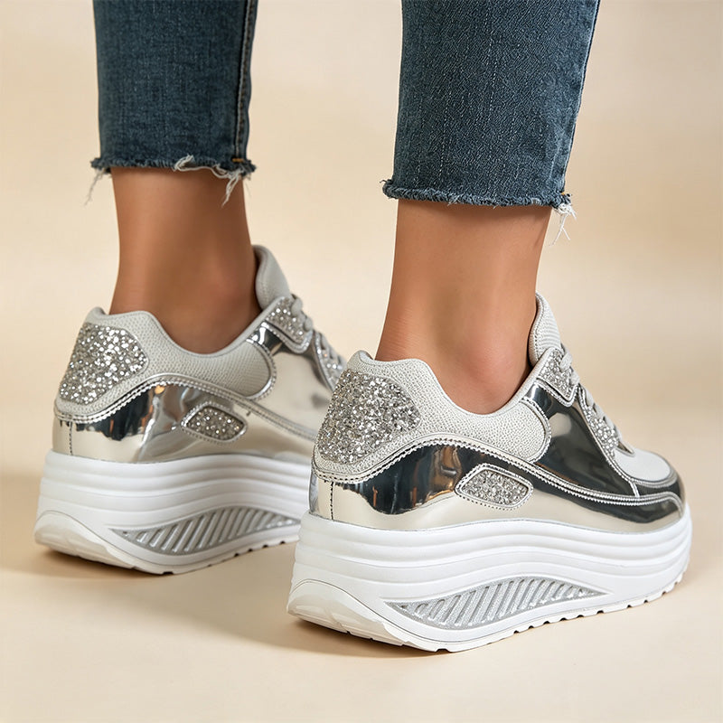 Women's gold sequined wedge platform sneakers