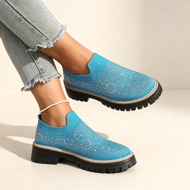 Women's Sparkling Rhinestone Knit Slip-On Loafers with Mesh and Block Heels