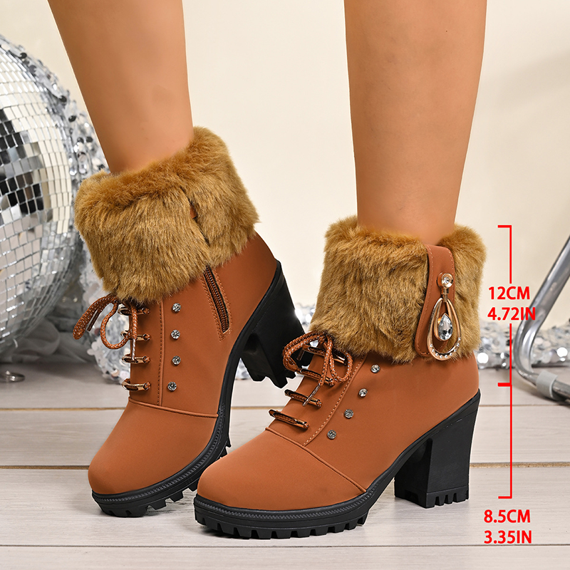 Women's Warm Rhinestone Block-Heel Boots with Side Zipper