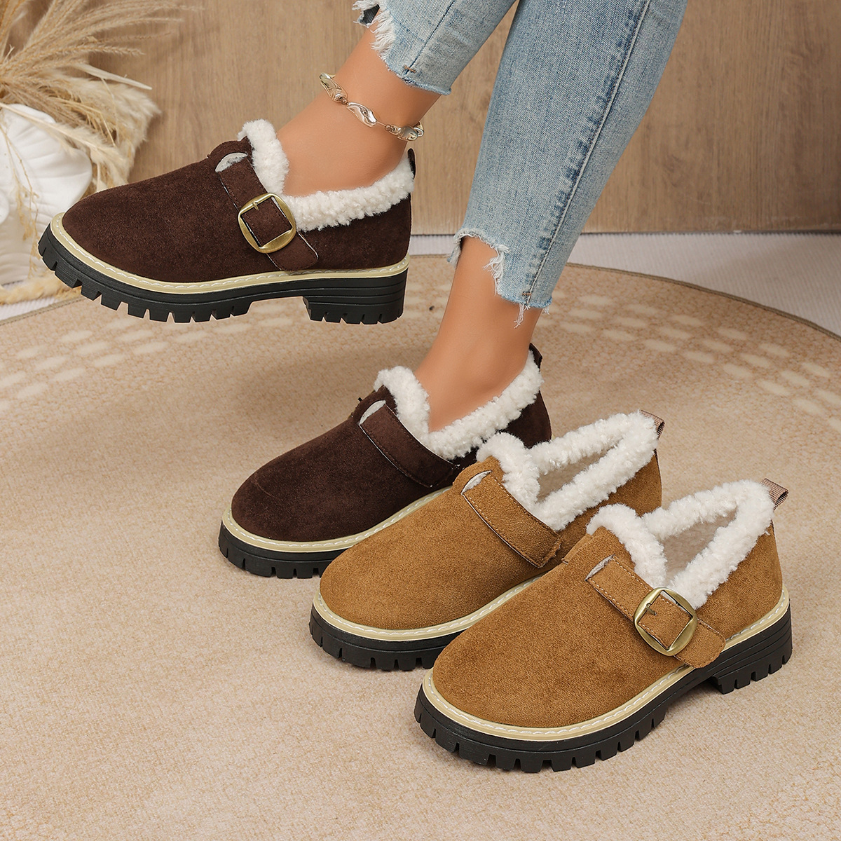 Women Fleece Lined Buckle Platform Loafers