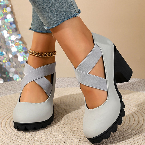 Women's Block-Heel Shoes with Crisscross Elastic Straps