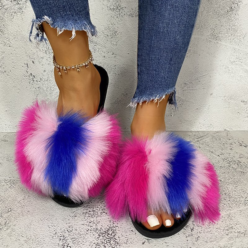 Fluffy open-toe flat slides with a colorful gradient