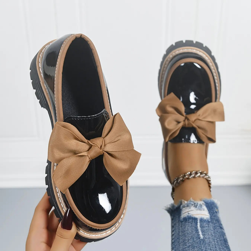 Bow Detail Patent Platform Loafers for Women