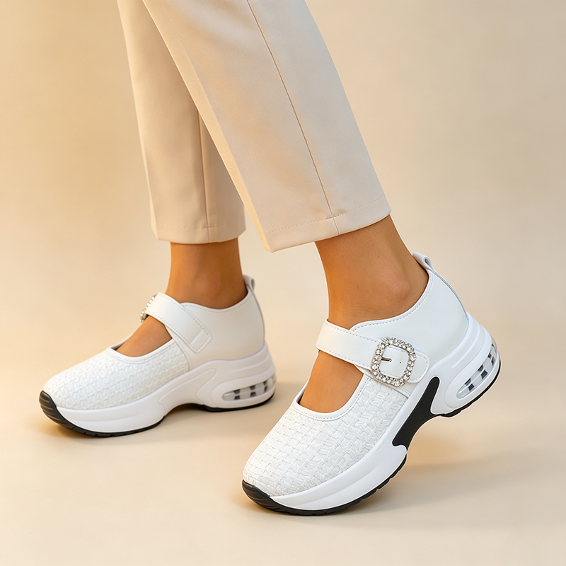 Women's Woven Casual Mary Janes with Rhinestone Buckle Strap