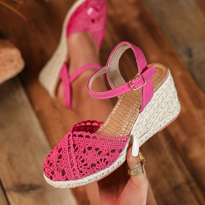 Women's Crochet Lace Closed-Toe Espadrille Wedge Sandals