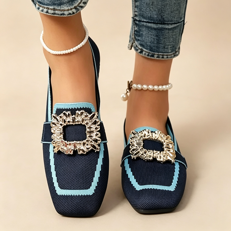 Women's color-block square-toe knit loafers with rhinestone buckle