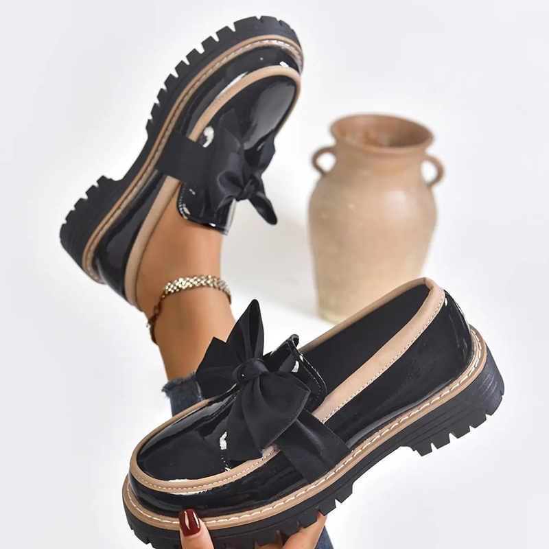 Bow Detail Patent Platform Loafers for Women