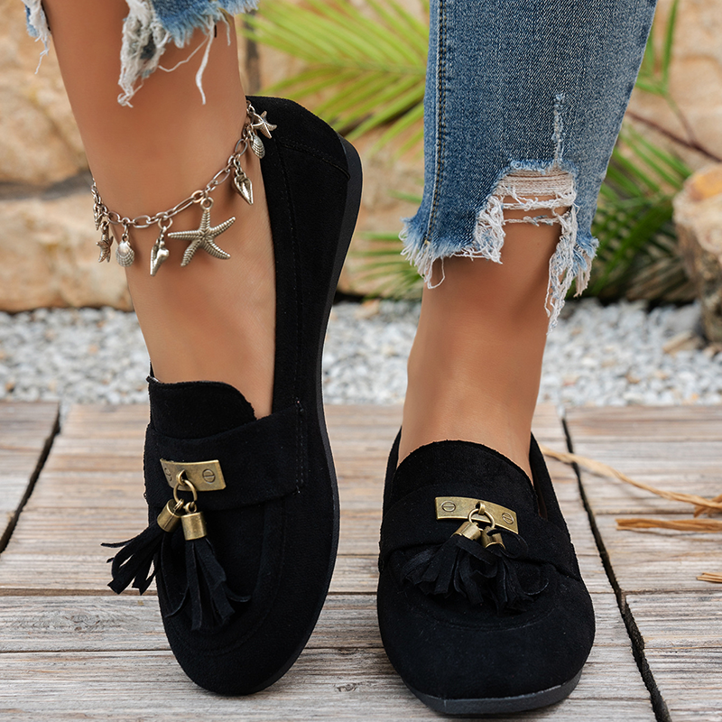 Women's Casual Loafers with Tassels and Vintage Metal Buckle
