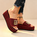 Women's Glitter Wedge Slides with Exquisite Metal Buckle Detail