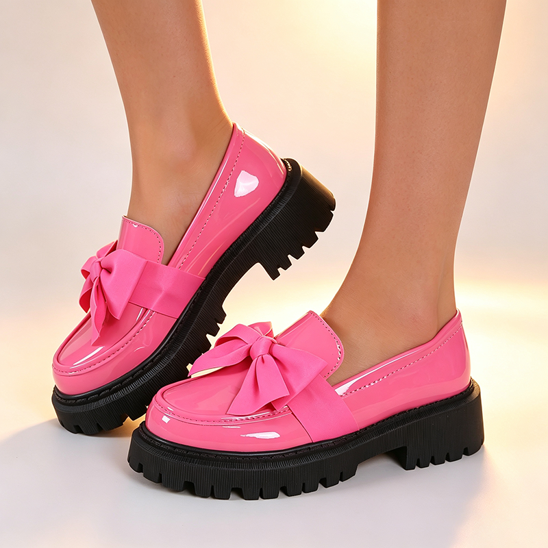 Women's Glossy Patent Leather Bow Platform Loafers
