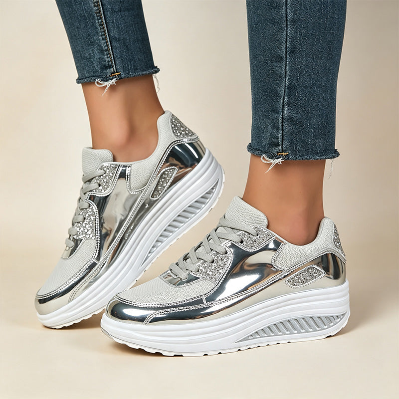 Women's gold sequined wedge platform sneakers