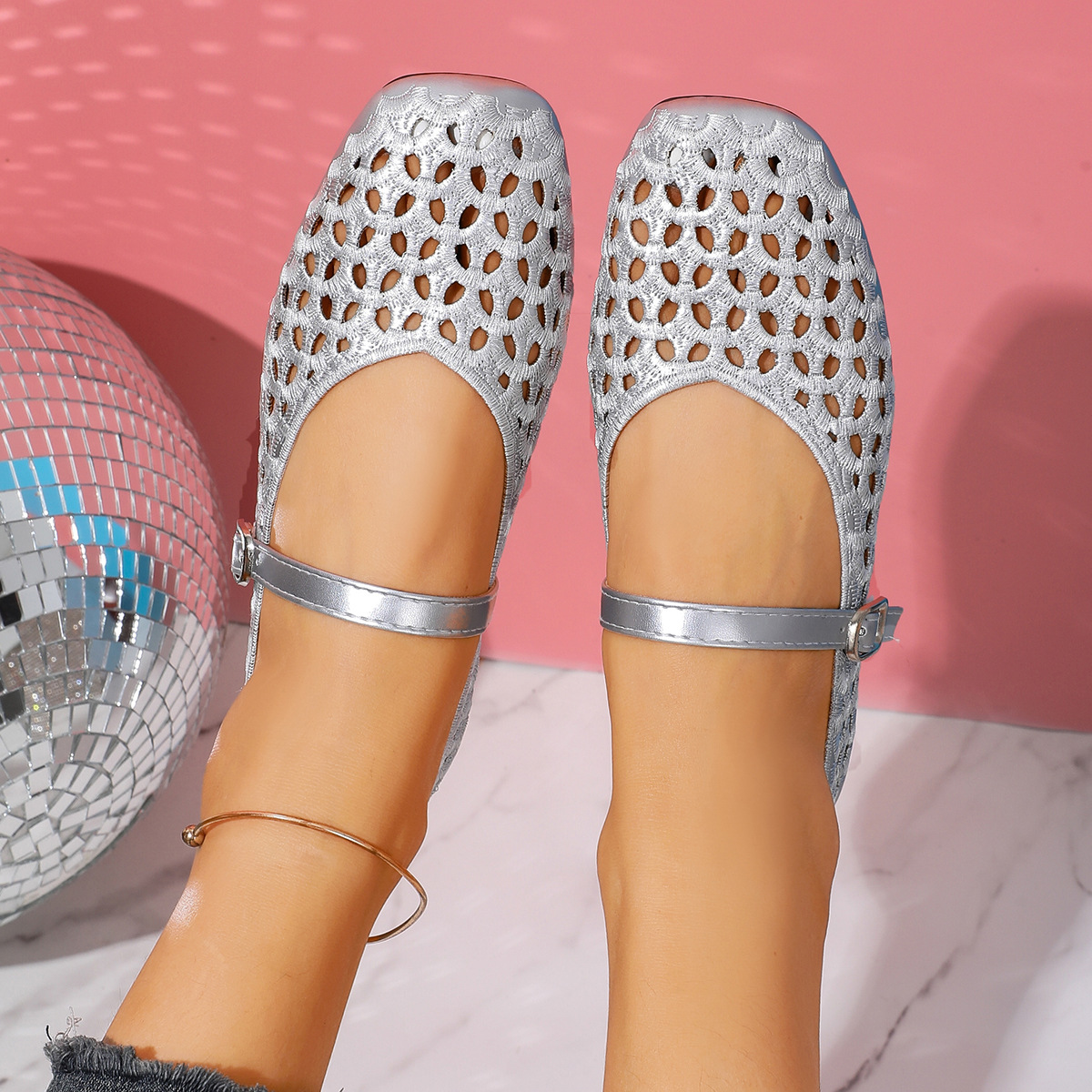 Buckle Strap Hollow Flat Sandals