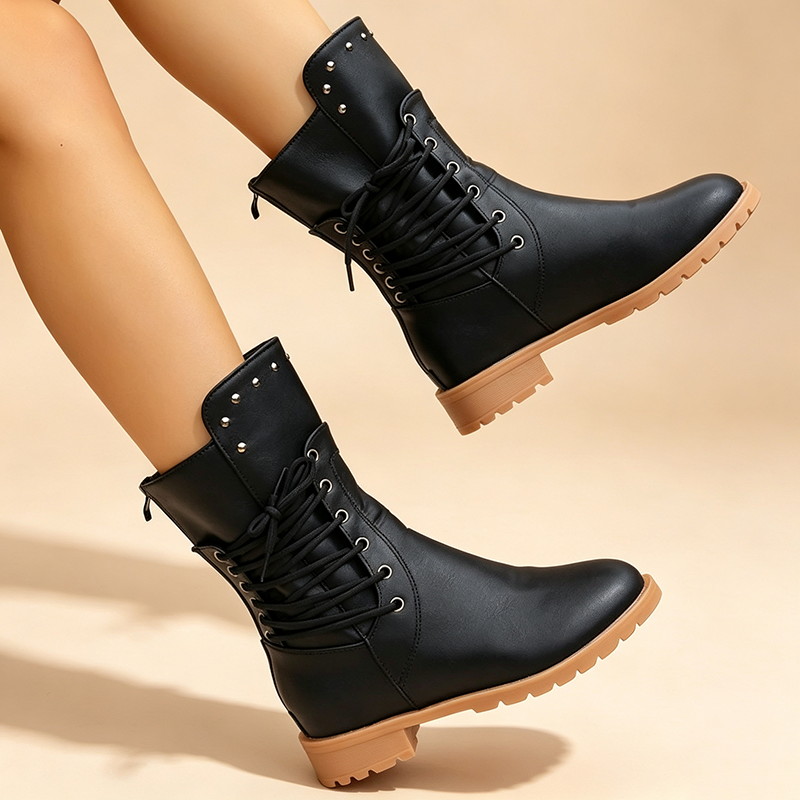 Women's Vintage Studded Lace-Up Mid-Calf Boots